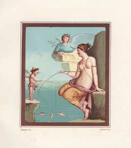 Wandgemälde von Venus und Amor beim Angeln mit Ruten aus dem Meer, gefunden in Regio VI.XIV.28, der Taberna Lusoria, Chromolithographie von Victor Steeger nach einer Illustration von Geremia Discanno aus Emile Presuhn 