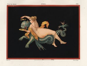 Nereide Meeresnymphe, unterstützt von einem Monster, halb Panther und halb Fisch. Museo Naz. XXII, Stabiae. Chromolithographie von Victor Steeger nach einer Illustration von Geremia Discanno aus Emile Presuhn (1844-1878) Die schönsten Gemälde von Pompeji, 