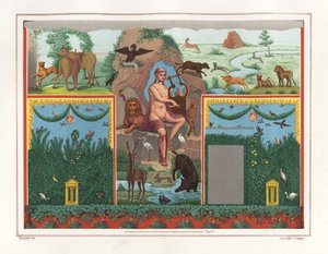 Wandgemälde von Orpheus mit Lyra aus dem Viridarium (Garten) des Hauses des Vesonius Primus, eines Walkers. Er ist umgeben von Tieren, darunter ein Löwe, Puma, Wildschwein, Hirsch, Kaninchen und blauer Flamingo. Chromolithographie von Victor Steeger nach e