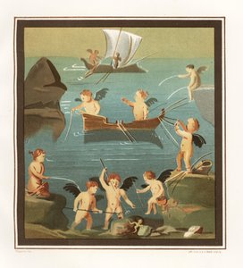Wandmalerei von spielenden, fischenden, segelnden Cupidos aus einem Cubiculum im Haus des Restaurants (Casa di Lupanare Piccolo) bei 14, Regio IX, Insula V. Chromolithographie von J.G. Bach nach einer Illustration von Geremia Discanno aus Emile Presuhn (18 von Geremia Discanno