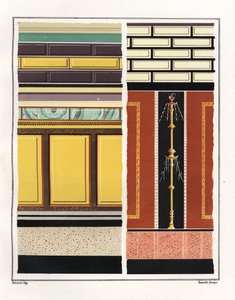 Wandmalereien aus Räumen im Haus der Epigramme. V, Ins. 1, Nr. 18. Links ein Wandbild aus einem Atrium, rechts ein Wandbild aus einem Vorzimmer. Chromolithographie von Victor Steeger nach einer Illustration von Geremia Discanno aus Emile Presuhn (1844 von Geremia Discanno
