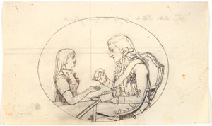 Erbprinz Frederik mit dem Erbprinzen (Chr. VIII) zeigt ein Porträt der verstorbenen Erbprinzessin Sofie Frederikke von Gerhard Ludvig Lahde