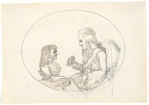 Erbprinz Frederik mit dem Erbprinzen (Chr. VIII) zeigt ein Porträt der verstorbenen Erbprinzessin Sofie Frederikke von Gerhard Ludvig Lahde