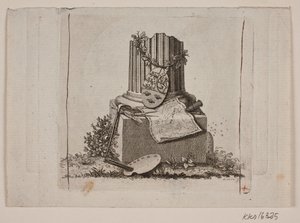 Vignette mit gebrochener Säule und den Wappen der drei nordischen Reiche von Gerhard Ludvig Lahde
