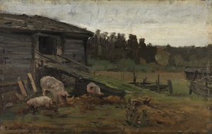 Schweine an der Scheunenbrücke von Gerhard Munthe