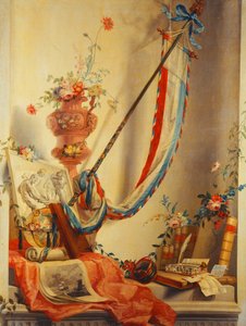 Ein Banner, Blumen in einer Urne, ein Relief, ein Globus, ein Druck, ein Kompass, ein Schreibset, Briefe und Blaeus Atlas in einer Nische