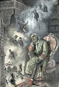 Ein alter Mann erinnert sich an die Stationen seines Lebens (Ehe, Krieg, Tod von Verwandten, Kindheit). Gravur aus „Die Bedürfnisse des Lebens“ von Rengade von Gerlier Gerlier
