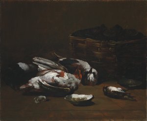 Stillleben mit toten Vögeln und einem Korb Austern