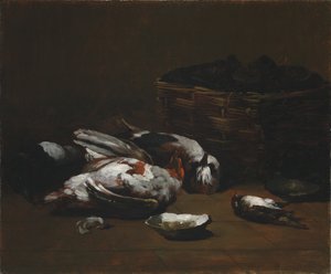 Stillleben mit toten Vögeln und einem Korb Austern, ca. 1860-1880