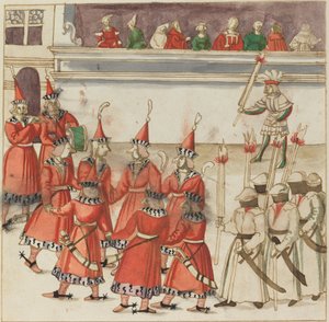Sieben Männer in Rot im Kreis versammelt von German 16th Century