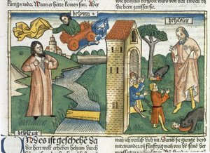 Elia fährt im Wirbelsturm in den Himmel und die Jungen, die Elischa verspotteten, werden von Bären gefressen, aus der Nürnberger Bibel (Biblia Sacra Germanaica)