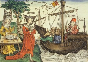 Eine Zauberin, wahrscheinlich Circe mit dem Giftbecher und Odysseus mit seinen Gefährten, aus der Nürnberger Chronik von Hartmann Schedel, 1493