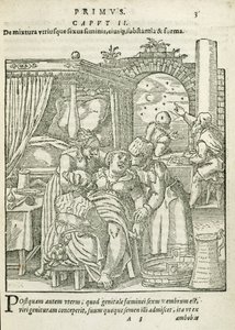 Eine Frau in den Wehen, Illustration aus Kapitel 2, Buch 1 von Über die Empfängnis und das Wachstum des Menschen von Rueff, 1587