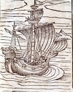 Ein Boot. Xylographie aus Sebastian Münsters Universal-Kosmographie. Basel