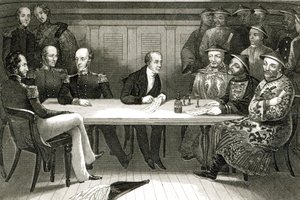 Eine Konferenz in Chusan zwischen Commodore Bremer und Chang, einem chinesischen Beamten, an Bord der HMS Wellesley, 4. Juli 1841