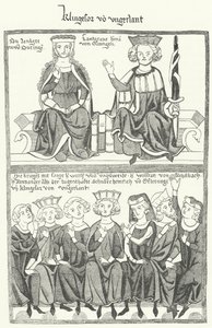 Eine Darstellung des Sängerkriegs, ein Wettstreit zwischen Minnesängern auf der Wartburg in Thüringen im Jahr 1207, aus dem Codex Manesse (Stich) von German School