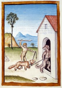 Ein Hund und ein Affe tyrannisieren ein Wiesel. Tiere in männlicher Haltung dargestellt