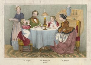 Eine Familie bei ihrem Abendessen, illustriertes Flugblatt, veröffentlicht von Haider & Cronberger, Stuttgart, 1860 von German School