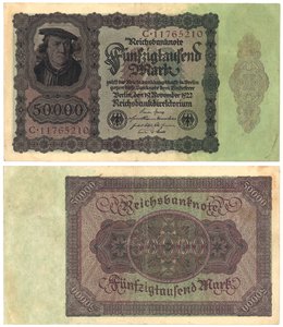 Eine Fünfzigtausend-Mark-Banknote, 1922 (Vorder- und Rückseite) von German School