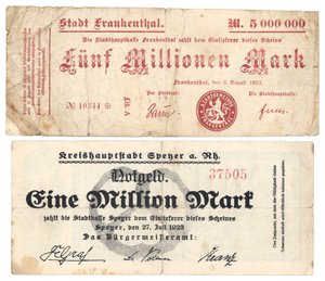Eine Fünf-Millionen- und Eine-Million-Mark-Banknoten, 1923 von German School