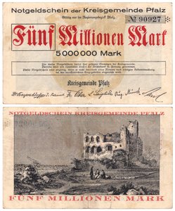 Eine Fünf-Millionen-Mark-Banknote, ca. 1923 (Vorder- und Rückseite) von German School
