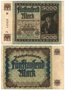 Eine Fünftausend-Mark-Banknote, 1922 (Vorder- und Rückseite) von German School