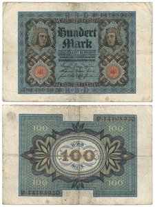 Eine Hundert-Mark-Banknote, 1920 (Vorder- und Rückseite) von German School