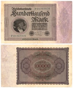 Eine Hunderttausend-Mark-Banknote, 1923 (Vorder- und Rückseite) von German School