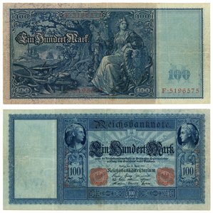 Eine Hundert-Mark-Banknote, 1910 (Vorder- und Rückseite) von German School