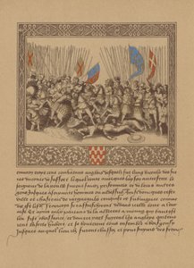 Eine Seite aus einem französischen Manuskript des 16. Jahrhunderts, die eine Szene aus Froissarts Chroniken darstellt