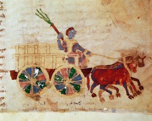 Ein Bauer auf einem Miniaturwagen aus dem Manuskript „De Universo“ (oder De rerum naturis (Von der Natur der Dinge)) (cod. 132) von Rabanus Maurus Magnentius (oder Raban Maur oder Rabano Mauro) (ca. 780-856)