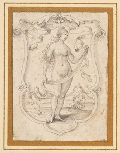Ein gerolltes Schild mit dem Bild einer nackten Frau, die in einer Landschaft steht, mit einem Band darüber, vielleicht eine Allegorie des Stolzes