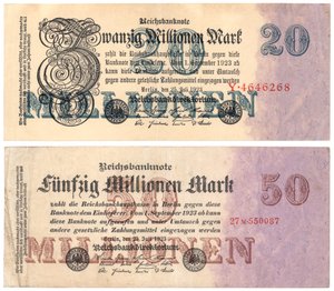Eine Zwanzig- und Fünfzig-Millionen-Mark-Banknoten, 1923 von German School