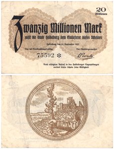 Eine Zwanzig-Millionen-Mark-Banknote, 1923 (Vorder- und Rückseite) von German School