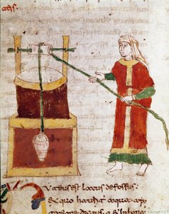 Eine Frau schöpft Wasser aus dem Brunnen. Miniatur aus dem Band „De puteis“ des Manuskripts „De Universo“ (oder De rerum naturis) von Rabanus Maurus Magnentius (ca. 780-856). 9. Jahrhundert