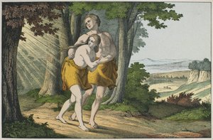 Adam und Eva werden aus dem Paradies vertrieben, Illustration aus dem Alten Testament, veröffentlicht von Jakob Ferdinand Schreiber, Esslingen (Farbstich)