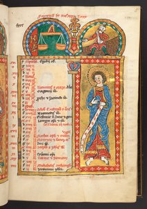 September. 12 Kalenderseiten in Gold und Farben, mit architektonischen Rahmen, die jeweils ein Sternzeichen, einen Apostel und eine Arbeit des Monats enthalten. Psalter. Illuminierter Psalter mit einem Kalender, Cantica und Litaneien für den Gebrauch von n