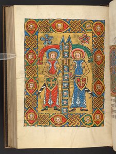 Add. 60629, f.84v Zwei Militärheilige, mit den Köpfen anderer von German School