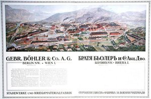 Werbung für die Stahlwerke & Waffenfabrik der österreichischen Firma Gebr. Böhler & Co, aus einem bulgarischen Almanach, ca. 1916 von German School