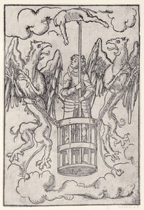 Alexander der Große wird von zwei Greifen in die Luft getragen, um 1525