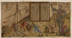 Ein illustriertes Flugblatt, das Francis Drakes Feldzug gegen die Spanier feiert, Illustration aus 