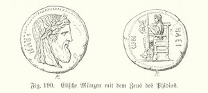 Antike griechische Münzen aus Elis mit Bildern des Zeus von Phidias von German School