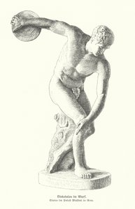 Antike griechische Statue eines Diskuswerfers beim Wurf von German School