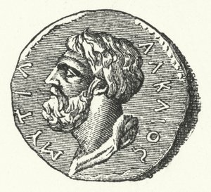 Antike Münze mit dem Kopf des griechischen Dichters Alkäus von Mytilene von German School