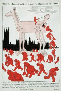 Anti-bolschewistische Karikatur des Dritten Reiches, die die Bolschewiken zeigt, wie sie aus einem Trojanischen Pferd nach London fliehen von German School