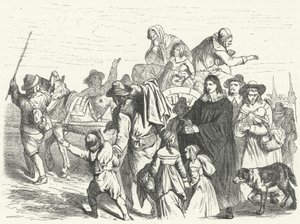 Ankunft französischer Hugenotten in Brandenburg nach dem Edikt von Potsdam von Friedrich Wilhelm im Jahr 1685 (Stich) von German School