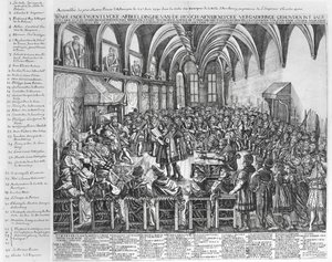 Versammlung der erlauchten Fürsten Deutschlands im Bischofssaal von Augsburg in Anwesenheit von Karl V. am 25. Juni 1530 von German School