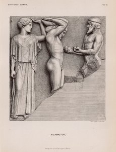 Atlas bringt Herakles die Äpfel der Hesperiden in Anwesenheit von Athene, Metope vom Tempel des Zeus, Olympia, Griechenland von German School