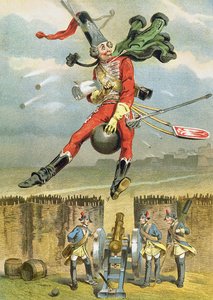 Baron Münchhausen fliegt über die feindlichen Linien auf einer Kanonenkugel, Illustration aus einer deutschen Ausgabe der Abenteuer des Baron Münchhausen