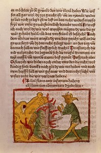 Belial an den Toren der Hölle, Illustration aus einer deutschen Übersetzung von Das Buch Belial, 1473 (kolorierter Holzschnitt) von German School